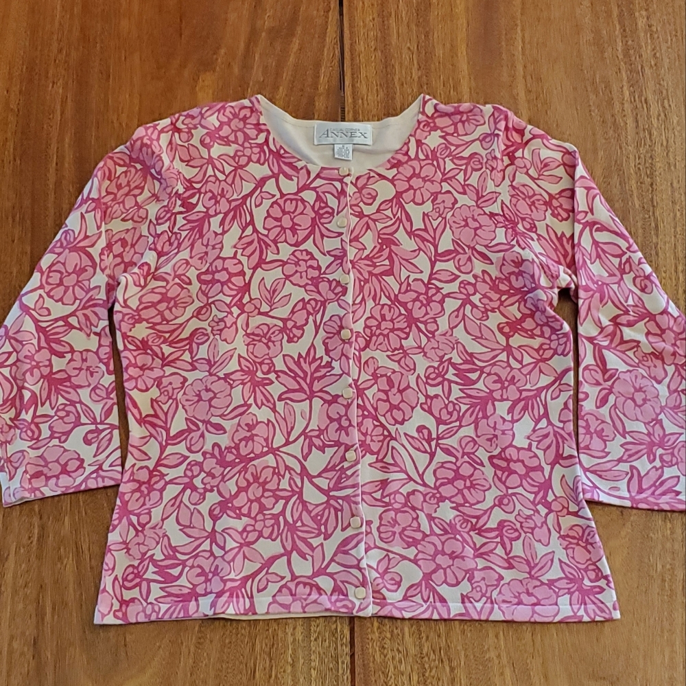 Pink Fuchsia Floral Button Up Cardigan Sweater M